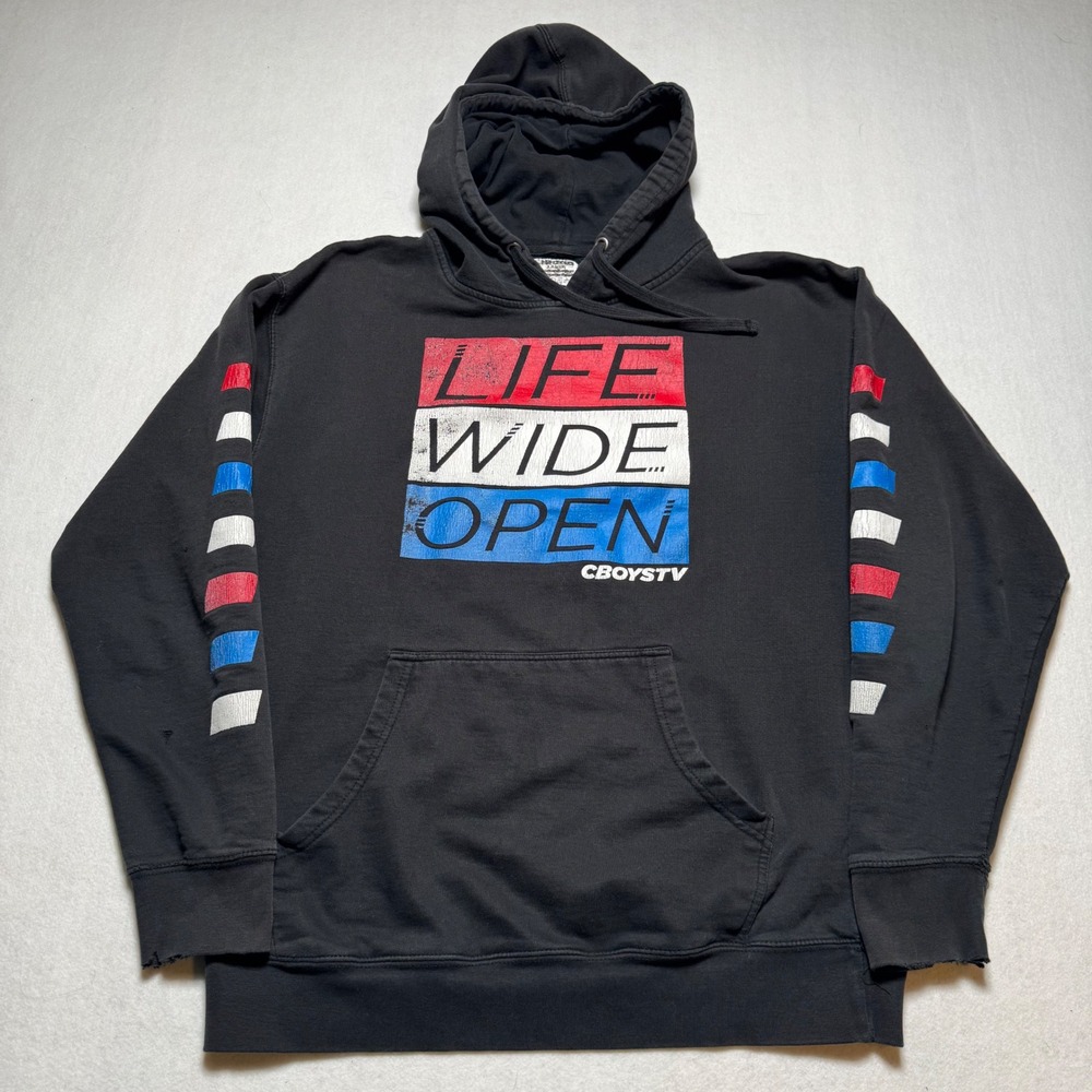 CboysTV Life Wide Open Hoodie Mens Large Black Graphic Distressed Sweatshirt